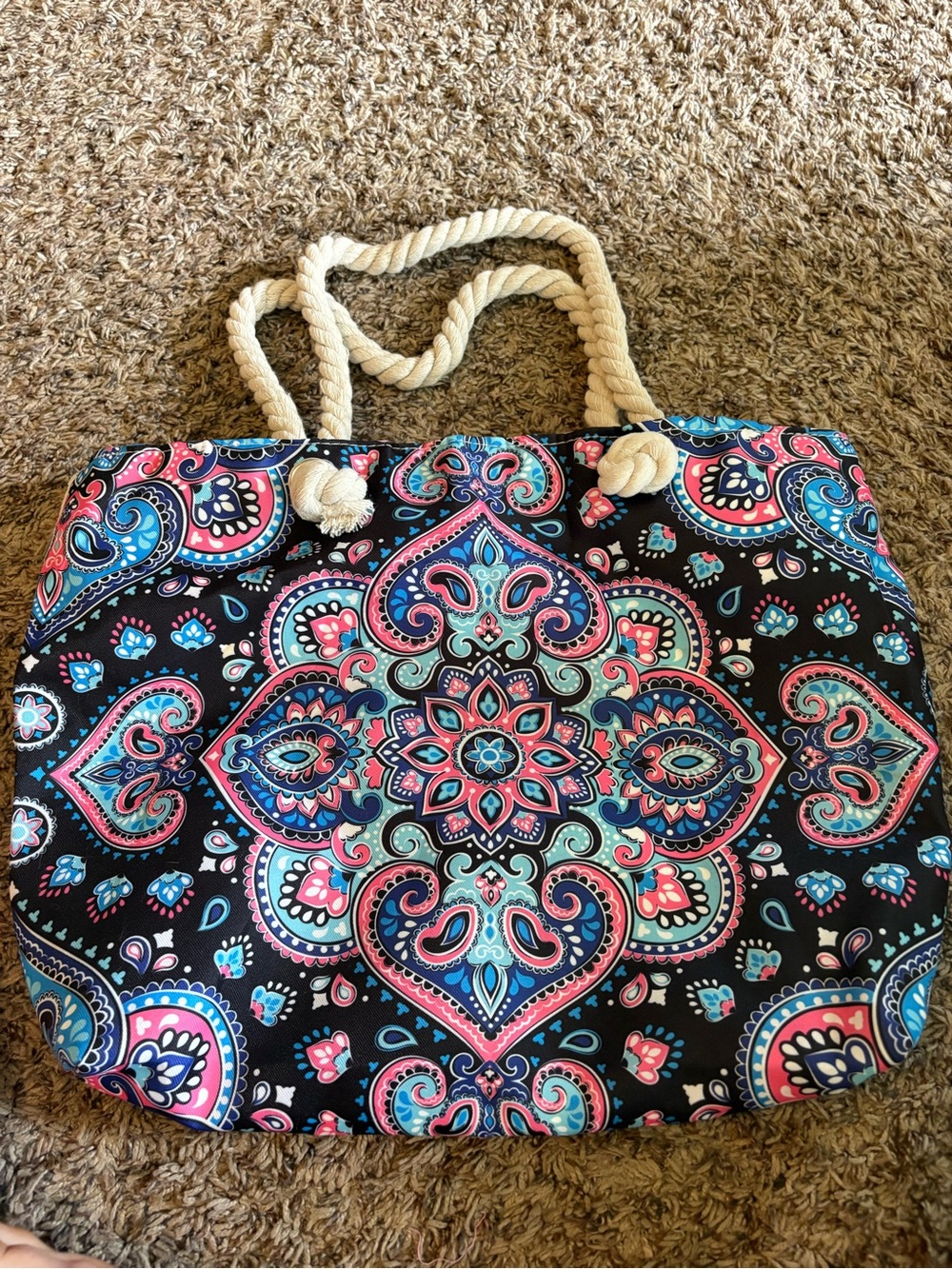 Navy Multicolor Paisley Rope-Handle Tote